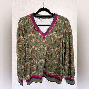 Pierre Louis Mascia French Terry Floral V Neck Sweater Sweatshirt Boho Hippie L